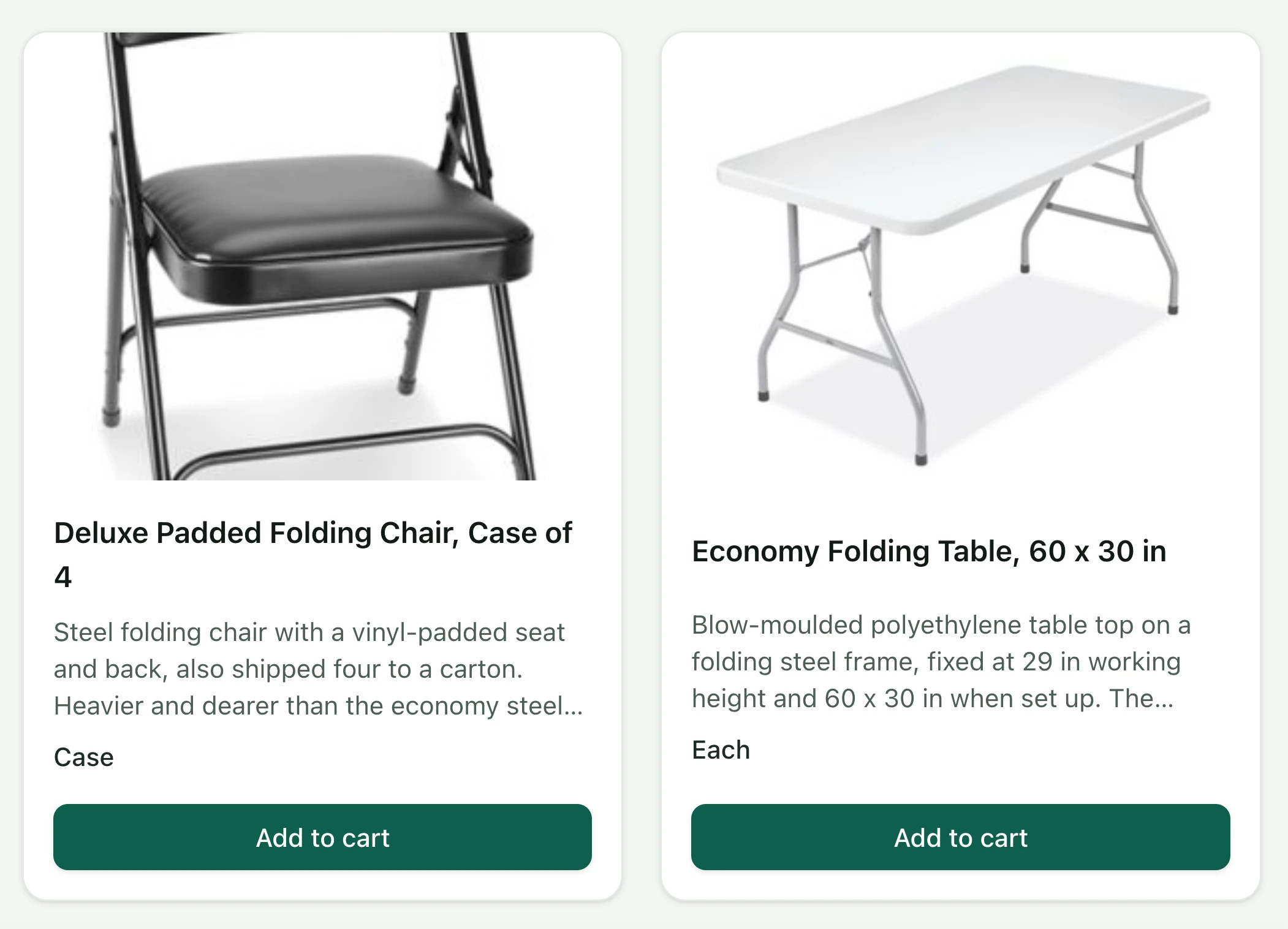 Two catalog items as a department head sees them — a padded folding chair sold by the case of four, and a folding table sold each — each with a picture, its unit of measure and an Add to cart button, and no prices anywhere
