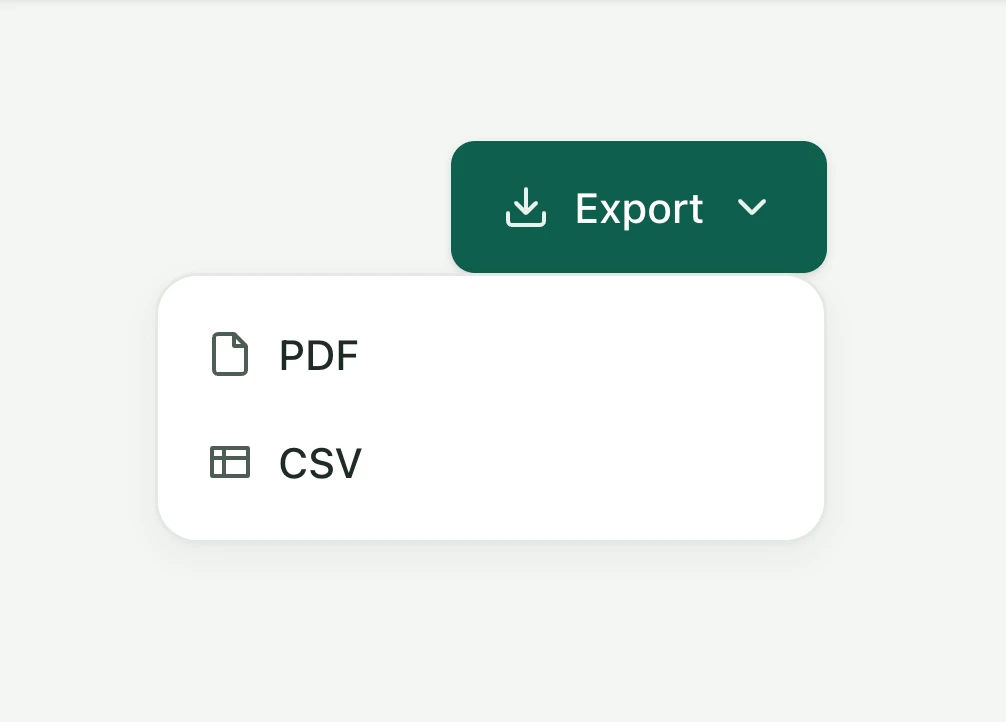 The export control open on a report, offering the filtered list as PDF or CSV