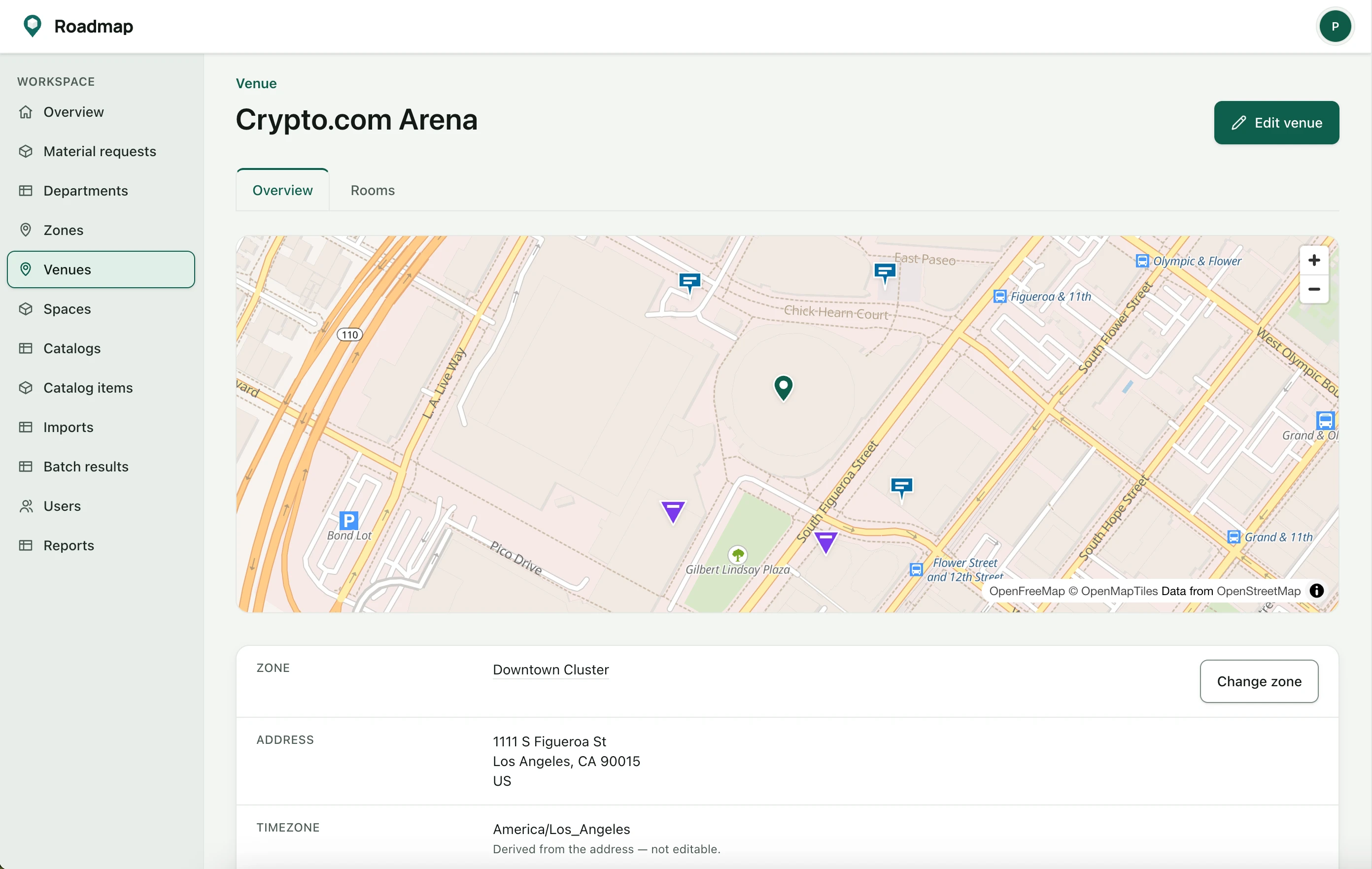 Venue overview: Crypto.com Arena with its map, transit points, zone, address and local time