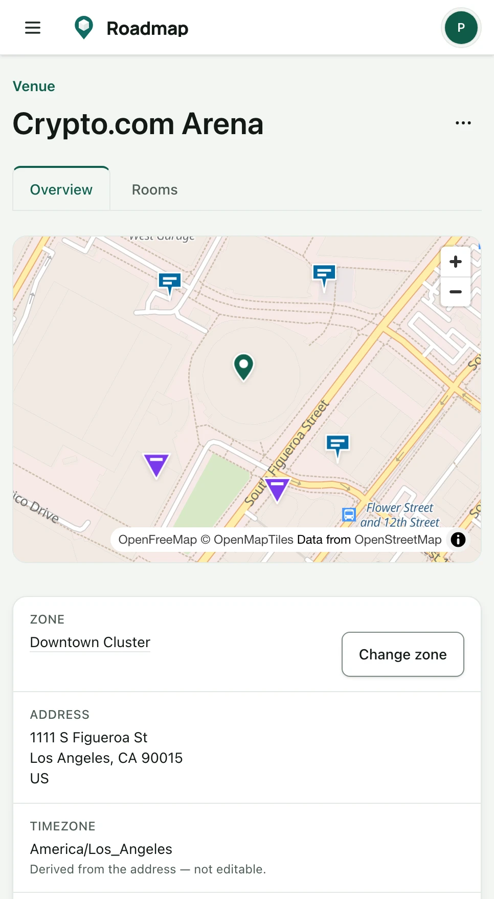 Roadmap venue overview on a phone: the venue's map, transit points and local time on one screen